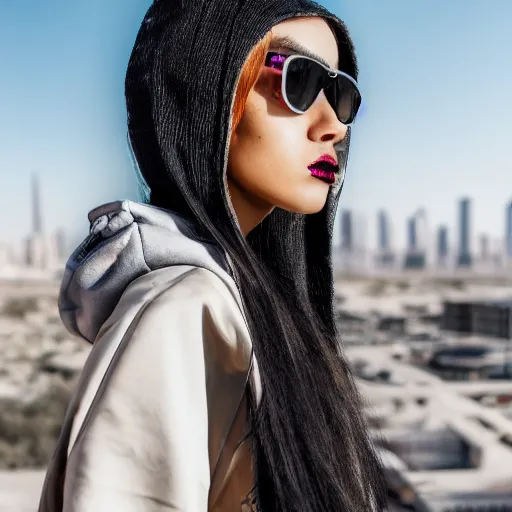 Image similar to photographic portrait of a streetwear woman, closeup, on the rooftop of a futuristic city overlooking a desert oasis, sigma 85mm f/1.4, 4k, depth of field, high resolution, 4k, 8k, hd, full color