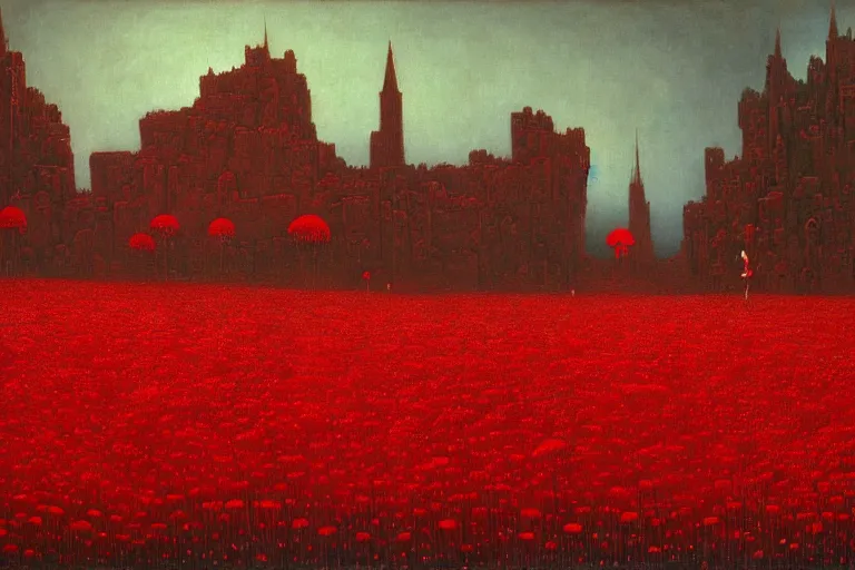 Image similar to only with red, red flowers of different types, a castle in the background, red orcs and trolls dance over the flowers, in the style of beksinski, part by hopper, part by rodcenko, part by hofbauer, intricate composition, red by caravaggio, insanely quality, highly detailed, masterpiece, red light, artstation