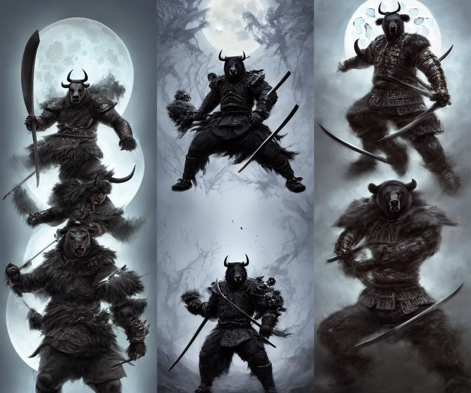 Prompt: anthropomorphic, half man half asian black bull, black bull samurai, Moon Bull Samurai, epic, samurai :: fighting with :: anthropomorphic, half man half asian black bear, black bear samurai, Moon Bear Samurai :: stunning 3d render inspired art by Renato muccillo and Andreas Rocha and Johanna Rupprecht + symmetry + natural volumetric lighting, 8k octane beautifully detailed render, post-processing, highly detailed, intricate complexity, epic composition, magical atmosphere, cinematic lighting + masterpiece, trending on artstation