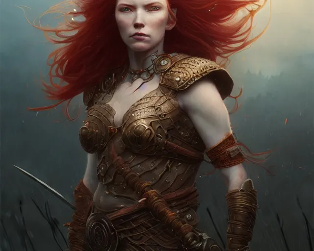 Image similar to highly detailed portrait of a warrior redhead woman, elden ring, stephen bliss, fantasy art by greg rutkowski, loish, rhads, ferdinand knab, makoto shinkai and lois van baarle, ilya kuvshinov, rossdraws, tom bagshaw, global illumination, radiant light, detailed and intricate environment