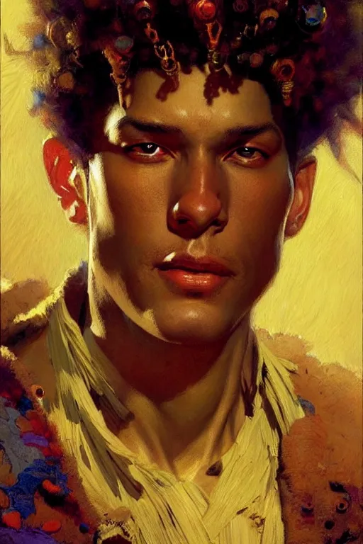 Prompt: attractive male, character design, colorful, afrofuturism, painting by gaston bussiere, craig mullins, j. c. leyendecker