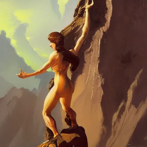 Prompt: a painting of a woman standing on top of a rock, a detailed matte painting by frank frazetta, artstation, fantasy art, lovecraftian, concept art, official art