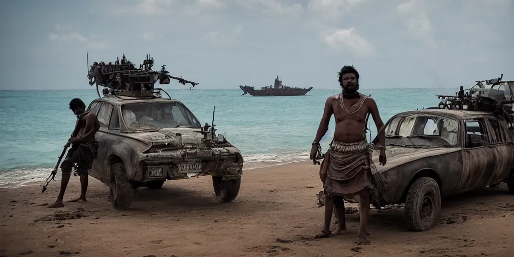 Prompt: sri lankan mad max style, ocean ship, film still, epic shot cinematography, rule of thirds