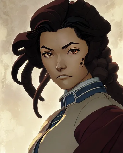 Image similar to asami from the legend of korra, character portrait, portrait, close up, concept art, intricate details, highly detailed by greg rutkowski, michael whelan and gustave dore