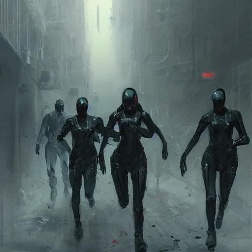 Image similar to concept art by greg rutkowski, three people running dressed in futuristic riot gear, in a claustrophobic, futuristic and brutalist environment, frightening and creepy atmosphere, scifi, highly detailed portrait, digital painting, artstation, concept art, smooth, sharp foccus ilustration, artstation hq