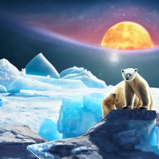 Image similar to polar bear drinking beer on iceberg in mars, beer can in hand, beer can, outer space, planet mars, illustration, computer painting, high resolution,, trending on deviantart, hdr, hyper detailed, insane details, intricate, elite, ornate, dramatic lighting