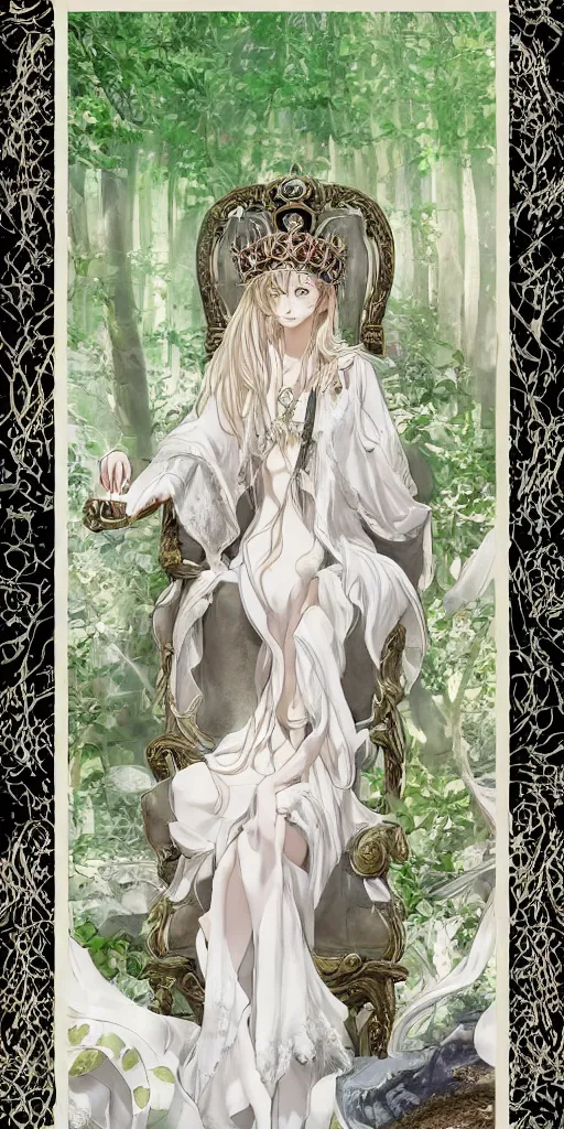 Image similar to an highly detailed magical empress sitting by herself on a sofa in a forest wearing a white robe drawn by cloverworks studio, elegant, beauty, tarot card,