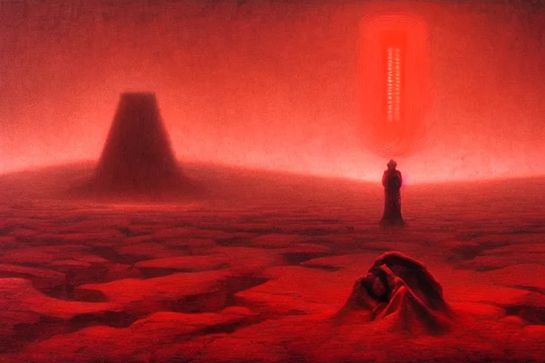 Image similar to only with red, a red god of death eat apple, a futuristic city on mars in background, an ancient path, pathos, in the style of beksinski, part by hopper, part by rodcenko, part by hofbauer, intricate composition, red by caravaggio, insanely quality, highly detailed, masterpiece, red light, artstation