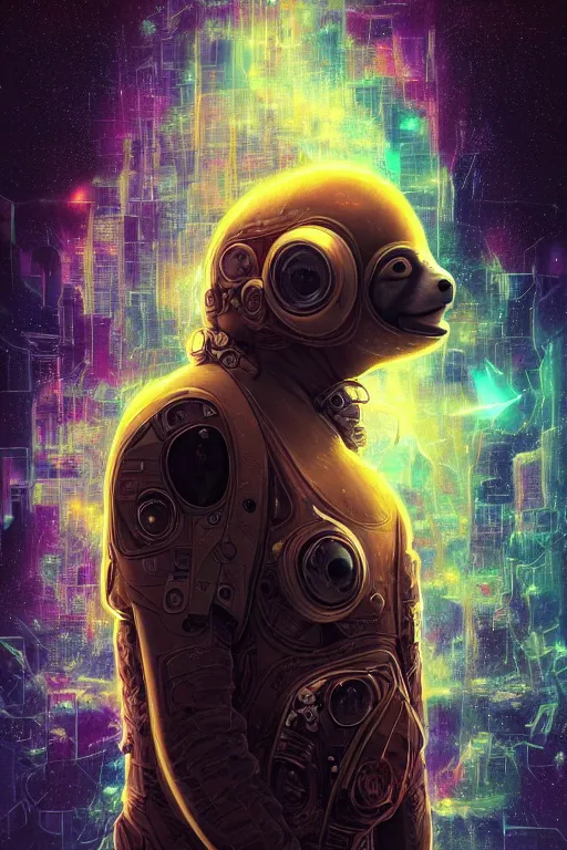 Image similar to portrait of a sloth, celestial. intricate abstract. cyberpunk, vhs glitch. glorious cosmic helmet. intricate artwork. immaculate. holy. empty oxygen tank. by wlop, Antoine Collignon, dan mumford. octane render, CGSociety, dan witz very coherent symmetrical artwork. cinematic, hyper realism, high detail, octane render, 8k, iridescent accents, deep color