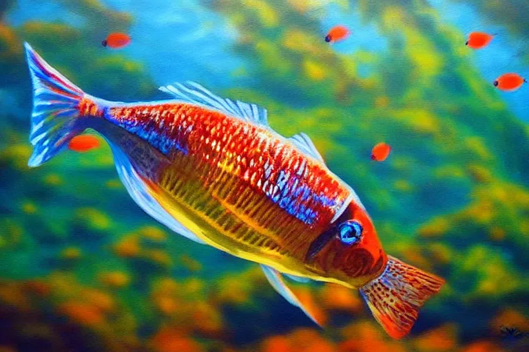 Image similar to fish, fantasy, painting, ultra realistic!!!, clear weather, golden hour, sharp focus