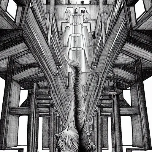 Image similar to a giant wolf in a huge bright maze of many doorways and lots of stairs, many doorways, inside MC Escher architecture, artstation, Junji Ito, epic composition