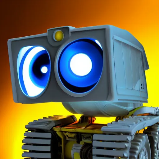 Image similar to wall - e, blue and yellow glowing lights, dark, highly detailed, close up