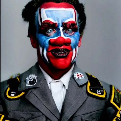 Image similar to UHD candid photo of Arnold Schwarzenegger dressed as a Nazi, wearing extremely intricate clown makeup, accurate face, UHD, photorealistic, correct face, photo by Annie Leibowitz