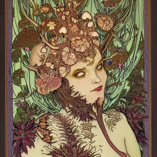 Image similar to a beautiful detailed front view portrait of a rotten woman corpse with fractal plants and fractal flowers and mushrooms growing around, symmetrical, ornate, ornamentation, illustration, in the style of art nouveau, mucha