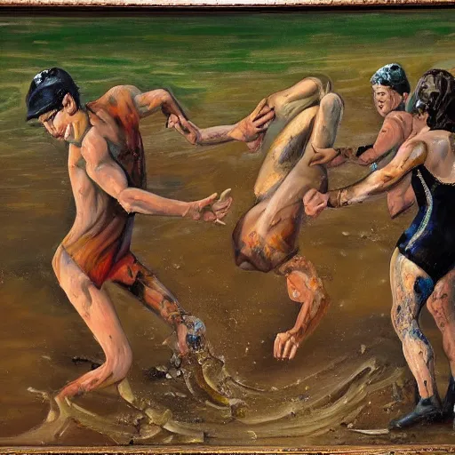 Prompt: 3 drunks fall over mud - wrestling,, where's wally, oil painted ( ( ( ( ( ( by salvador dali ) ) ) ) ) )