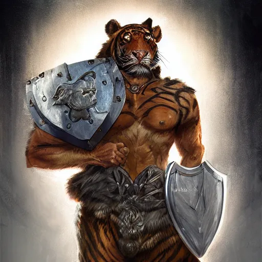 Prompt: commission portrait of a fit male anthro tiger holding a shield and wearing armour,character design by charles bowater,greg rutkowski,ross tran,hyperdetailed,hyperrealistic,4k,deviantart,artstation,professional photography,concept art