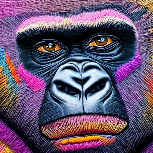 Image similar to hyper realis. portrait, embroidery, gorilla face made out of multi-coloured yarn, psychedelic,