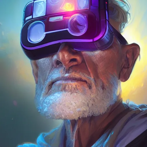 Prompt: an old male warrior with a VR headset, golden light, purple water, highly detailed, digital painting, artstation, concept art, smooth, sharp focus, illustration, art by artgerm and greg rutkowski and alphonse mucha