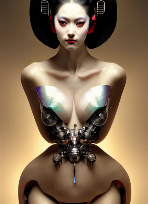 Image similar to organic seductive Geisha cyborg, pearlescent skin, diffuse lighting, fantasy, intricate, elegant, highly detailed, lifelike, photorealistic, digital painting, artstation, illustration, concept art, different full body view, smooth, sharp focus, art by John Collier and Albert Aublet and Leonardo da vinci and Krenz Cushart and Artem Demura and Alphonse Mucha