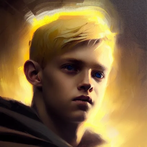 Prompt: blonde boy with yellow eyes, wearing a brown cape, closeup, powerful, space background, oil painting, brush strokes, greg rutkowski