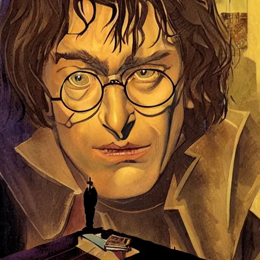 Image similar to in one frame Harry Potter, by Neil Gaiman, by Dave McKean, comics Sandman, small details, whole-length, clear faces