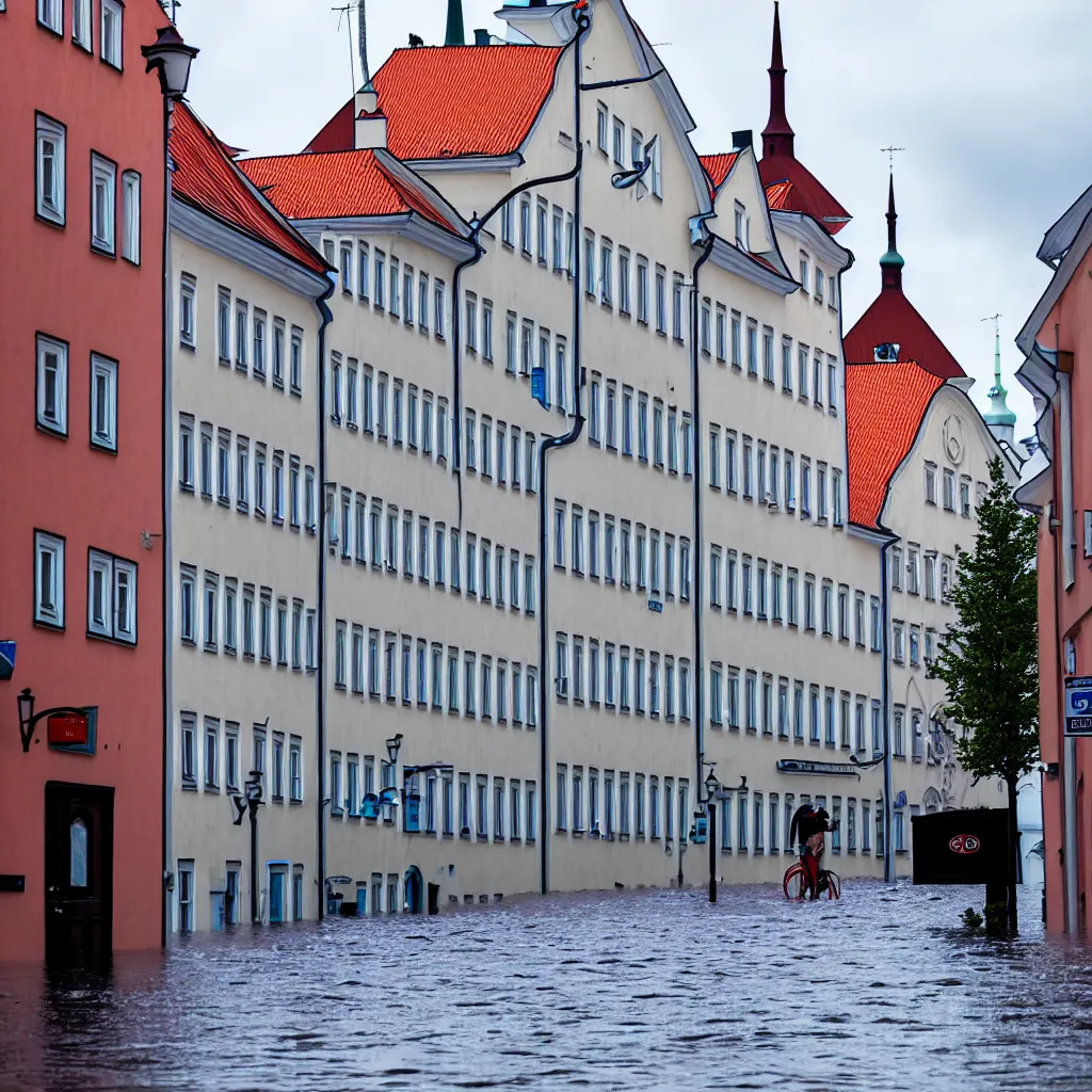 Prompt: view from the streets of Tallinn, capital of estonia, suffering from floods from the sea due to climate change in the year 2100, the citizens of Tallinn are shocked, street photography, ultra detailed, 40mm focal lense, flash at noon, 8k,