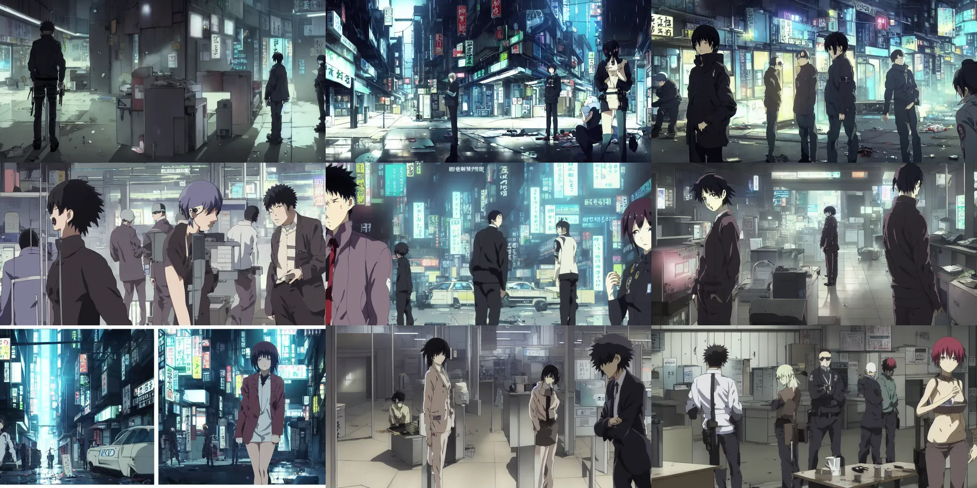 Prompt: a crimescene crimescene investigation with police tape in a quiet quiet quiet shop in the cyberpunk anime film, Shichiro Kobayashi, screenshot in the anime series ergo proxy and Detroit metal city, hazy and dreary