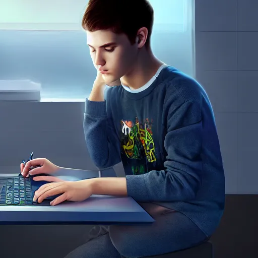 Image similar to realistic teenager using laptop in super tech room, artstation trends, concept art, highly detailed, intricate, sharp focus, digital art, 8 k