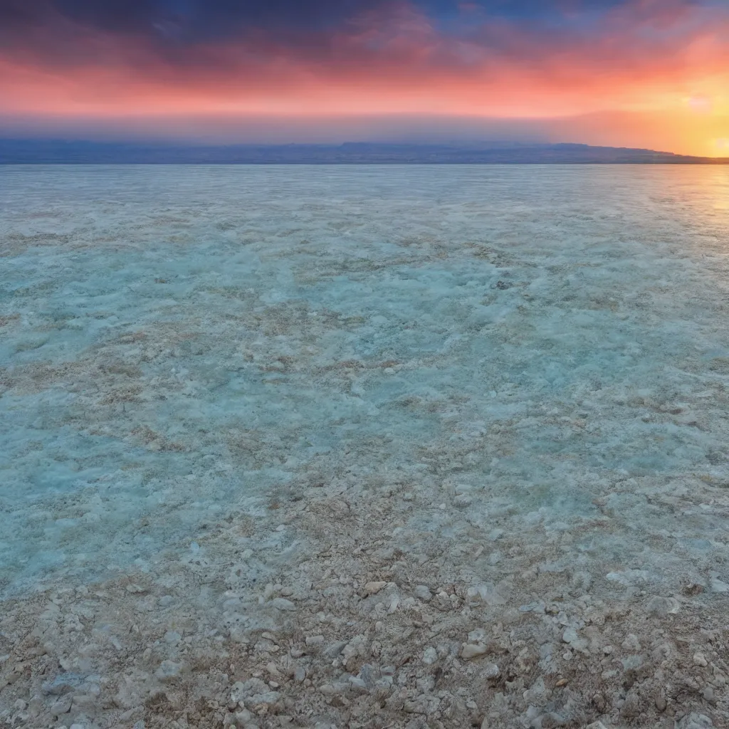 Prompt: the dead sea at sunset, clouds in the sky, mountains at the horizon, professional photo