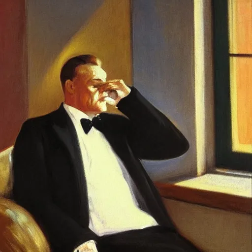 Image similar to A portrait of James Cagney smoking a cigar in a busy hotel lobby, painting by Edward Hopper and John Singer Sargent