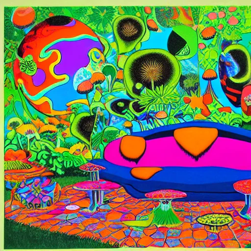 Image similar to psychedelic couch in the lush forest, planets, flowers, mushrooms milky way, sofa, cartoon by carl barks and eric carle