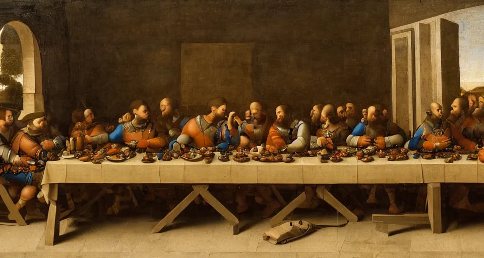 Image similar to us army soldiers sitting at a long rectangle dining table, old painting, intricate, 8 k, us soldiers in uniform eating dinner, dinner table, dining room, renaissance, leonardo da vinci