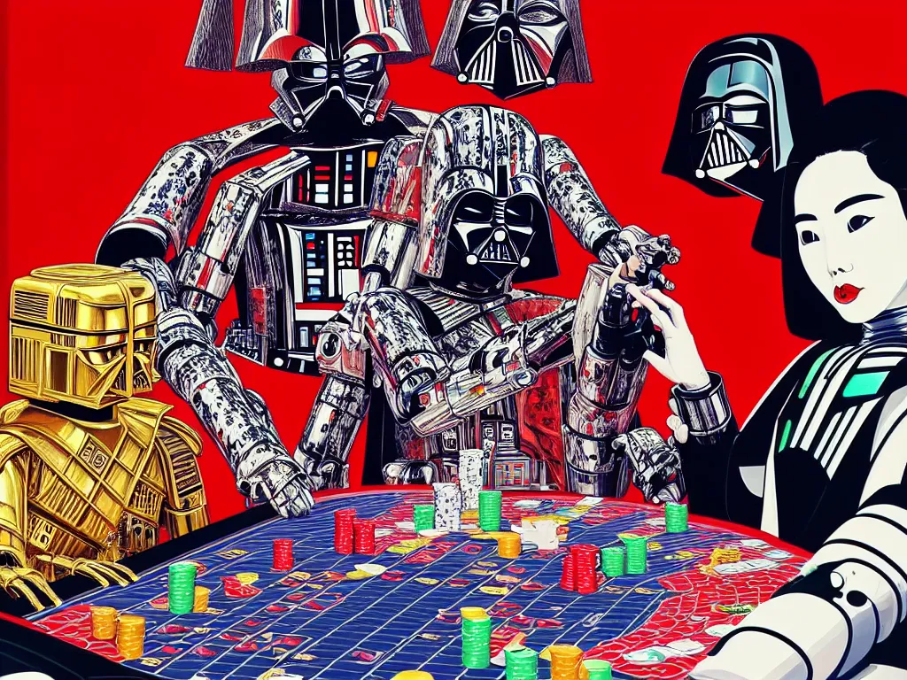 Image similar to hyperrealistic composition of the detailed woman in a japanese kimono with the ( ( c 3 p 0 ) ) robot head sitting at a extremely detailed poker table with darth vader, fireworks, mountain fuji on the background, pop - art style, jacky tsai style, andy warhol style, acrylic on canvas