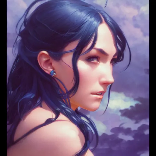 Image similar to highly detailed vfx portrait of nico robin, greg rutkowski, loish, rhads, makoto shinkai, tom bagshaw, alphonse mucha, sharp focus, art by artgerm and greg rutkowski, backlit, harsh overhead sunlight, blue eyes,