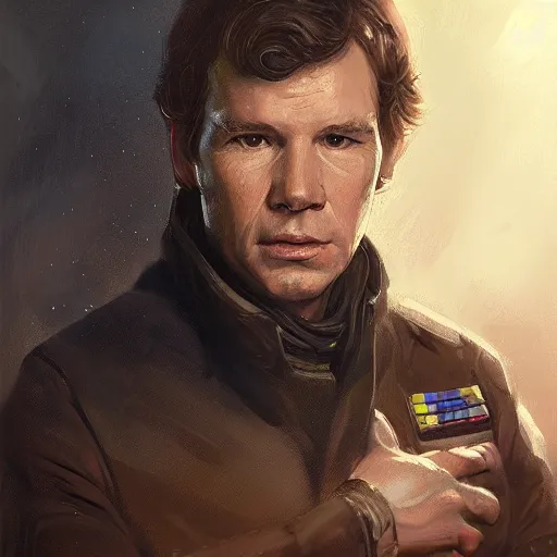 Image similar to portrait of a Man by Greg Rutkowski, Han Solo as an Admiral of the Galactic Alliance, he is about 70 years old, wearing military navy uniform of the Galactic Alliance, Star Wars Expanded Universe, highly detailed portrait, digital painting, artstation, concept art, smooth, sharp foccus ilustration, Artstation HQ