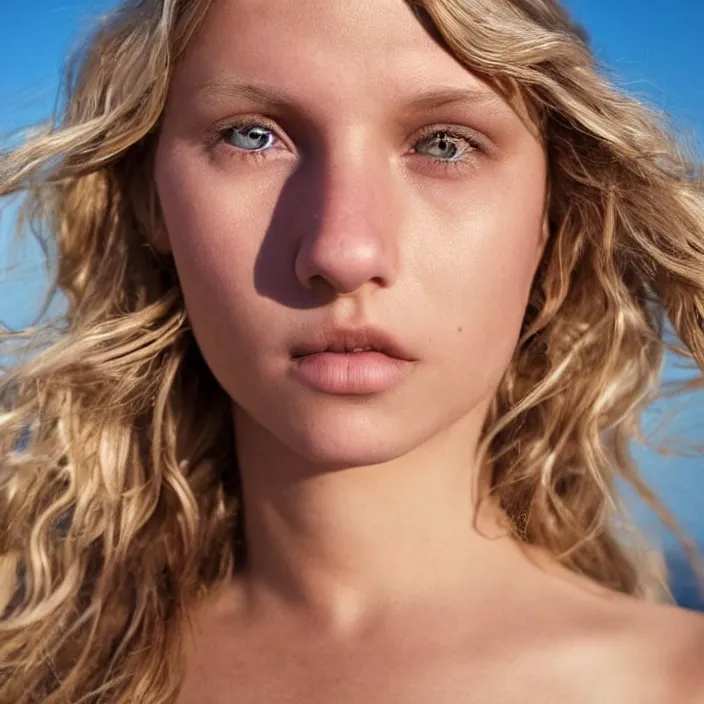 Image similar to portrait photograph of an extremely beautiful!!!! young female , symmetric face!, symmetric round detailed eyes!!, Wavy tinted blonde hair! slight smile, natural light, at a Manhattan beach during golden hour. looking at the camera!!. pink bikini. super resolution. Extremely detailed. Graflex camera!, bokeh!!!!! trending on artstation.