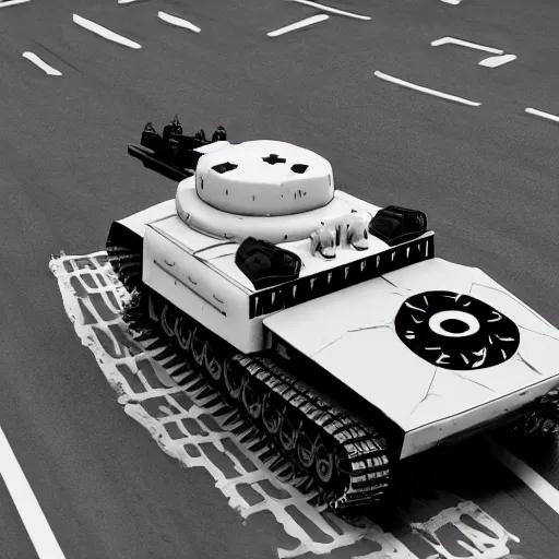 Image similar to daoist heavy armor battle tank painted in white and black yin - yang symbol in cosmos blasting away at surveillance capitalism