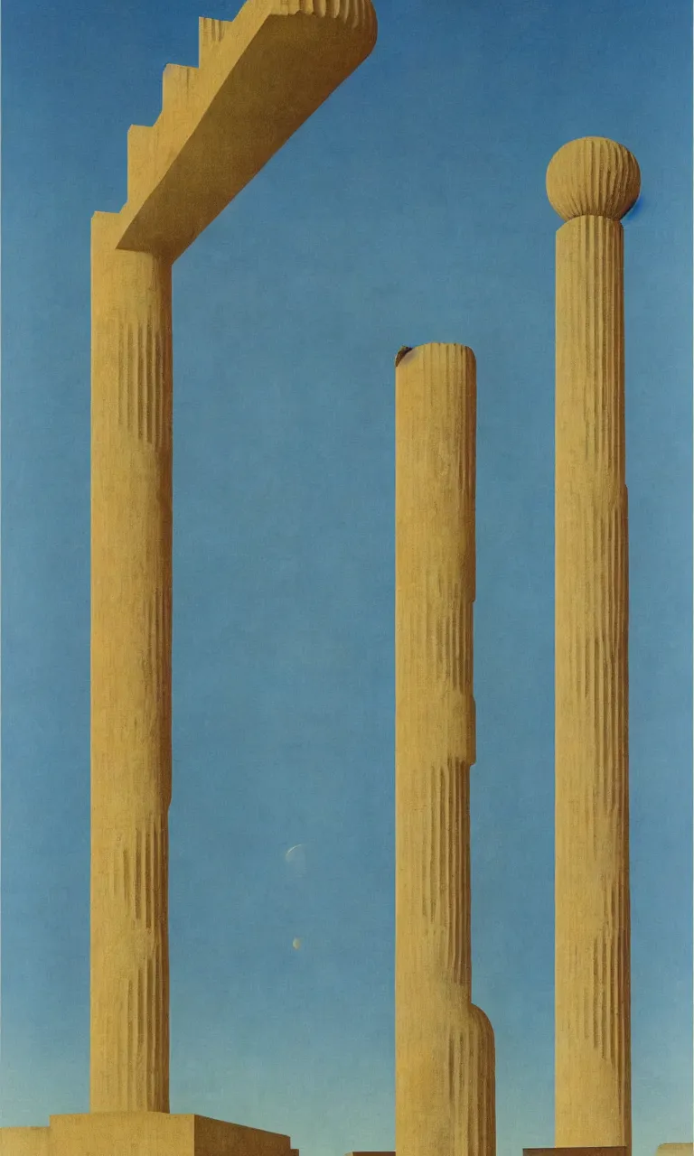 Image similar to surreal greek doric column brutalist spomenik structure, Bauhaus Poster by Richard Corben by René Magritte, surrealism