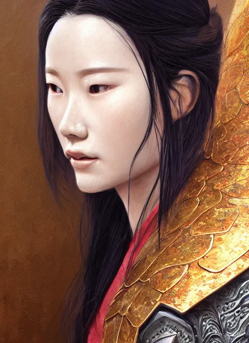 Prompt: realistic detailed painting of Mulan wearing sculpted textured armor, intricate complexity, close-up of the front of the face, super sophisticated texture, resolute expression, enhanced noise, by Guweiz and loish, split lighting, 4K resolution, symmetric, clear facial features, golden ratio, Kojima, Amano, Charlie Bowater, Karol Bak, Greg Hildebrandt, Jean Delville, and Mark Brooks, Neo-Gothic, gothic, rich deep colors, Unreal Engine 5