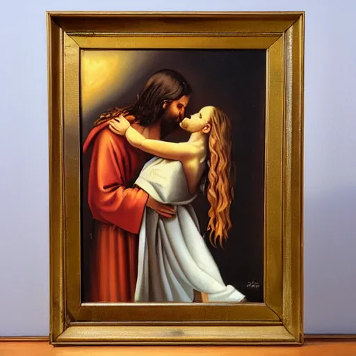 Image similar to 1 8 th oil panting of a jesus kissing a woman