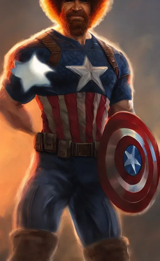 Image similar to bob ross as captain america, dynamic lighting, cinematic, ultra detailed, trending on art station, stunning visuals, creative, fantasy concept art