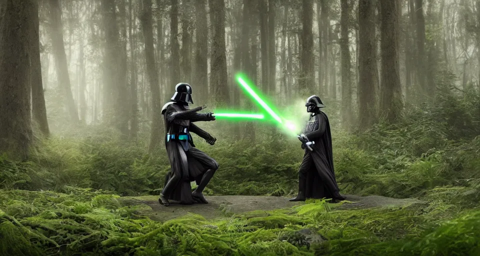 Image similar to Darth Vader and Yoda, fighting in a forest, stunning photo, cinematic lighting, perfect, 8K, ultra-detailed , Trending on artstation, Octane render, Unreal Engine, highly detailed,