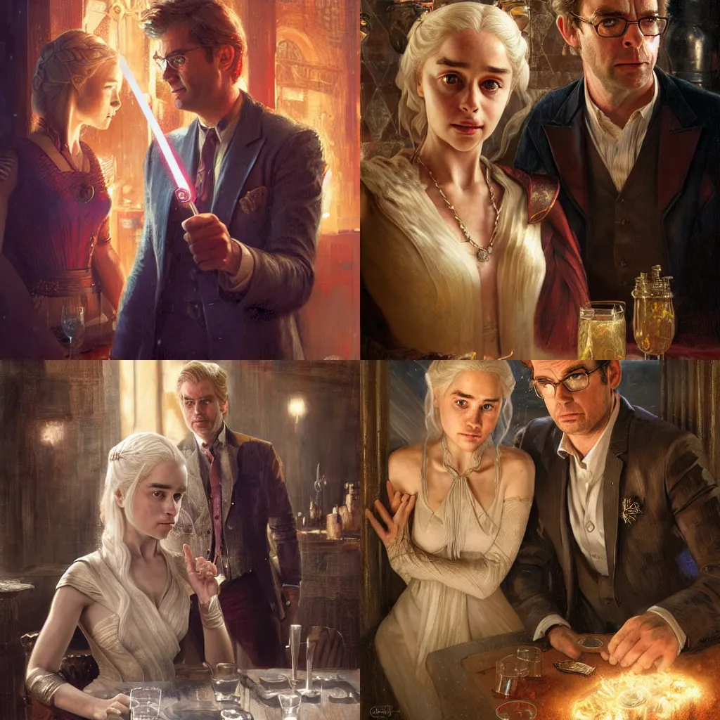 Prompt: daenerys targaryen with tenth doctor who in tavern, highly detailed, sharp focus, digital art, defined facial features, symmetrical facial features, close up, art by gaston bussiere and greg rutkowski