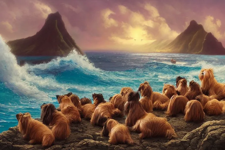 Image similar to an intricate colorful matte painting of a herd of yorkshire terrier puppies relaxing on hawaii, by Christophe Vacher and Bastien Lecouffe-Deharme, trending on artstation