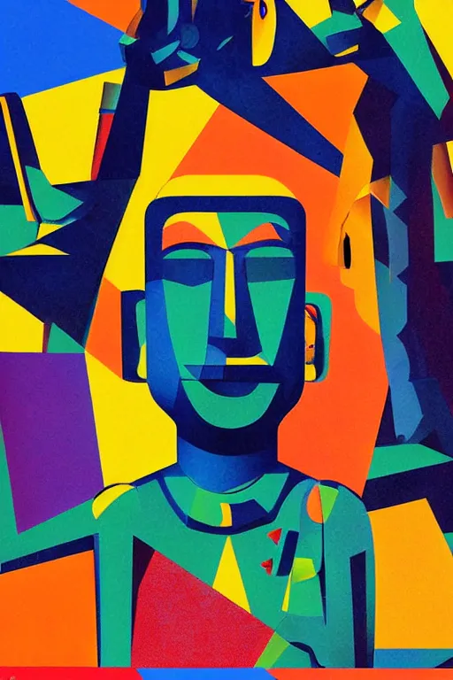 Image similar to cubist moai statue cutout digital illustration cartoon colorful beeple