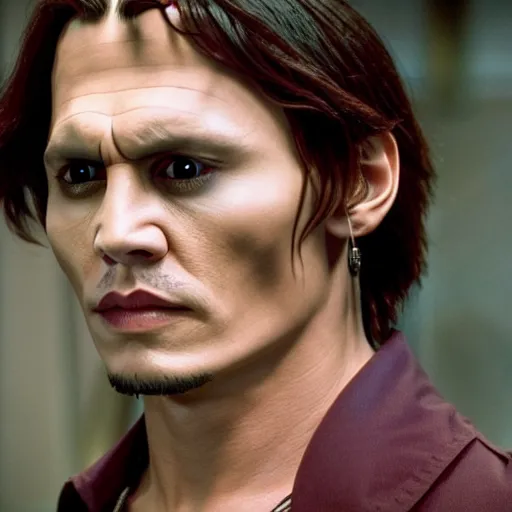 Image similar to Film Still of a Younger Adult Johnny Depp playing Young Adult Voldemort in Harry Potter, Film Still, realistic, hyperrealistic, very realistic, very very realistic, highly detailed, very detailed, extremely detailed, detailed, detailed face, very detailed face, very detailed face, realism, HD Quality, 8k resolution, intricate details, body and head in frame, Real Life