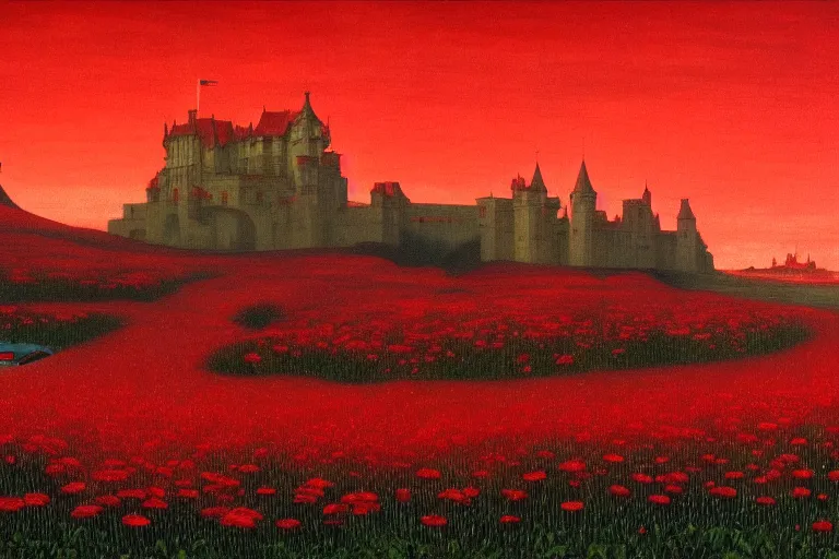 Prompt: only with red, a red expanse of flowers of different types, castle in background, medieval goblins, in the style of beksinski, parts by edward hopper, parts by rodcenko, parts by yue minjun, intricate and epic composition, red by caravaggio, insanely quality, highly detailed, masterpiece, red light, artstation, 4 k