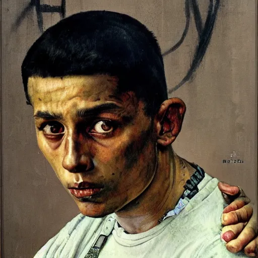 Image similar to A Frontal portrait of an MS-13 gang member as a prisoner awaiting sentancing. A painting by Norman Rockwell.