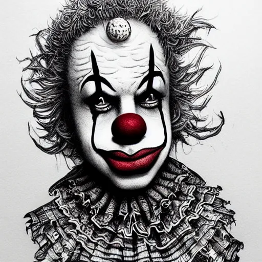 Image similar to black ink on paper, clown, trending on artstation, beautiful, intricate, detailed