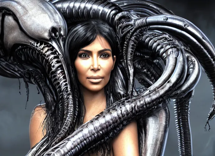 Image similar to film still of kim kardashian being held tightly by an xenomorph slathered in a transparent alien liquid, wet flowing hair, gooey skin, illustration, unreal engine 5, 8 k, directed by h. r. giger.